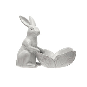 Stoneware Rabbit w/ Flower Shaped Bowl, Reactive Glaze, Set of 2 (Each One Will Vary)