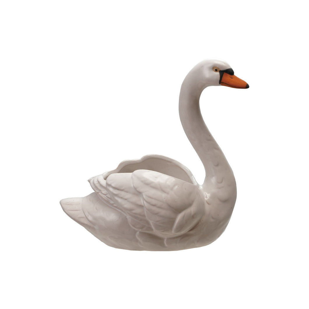 Stoneware Swan Planter, White, Orange Color & Black