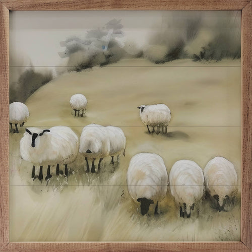 Watercolor Sheep Grazing In Field